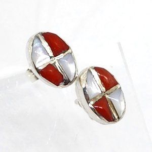 Vintage Sterling Silver Mother of Pearl Coral Handmade Navajo Pierced Earrings